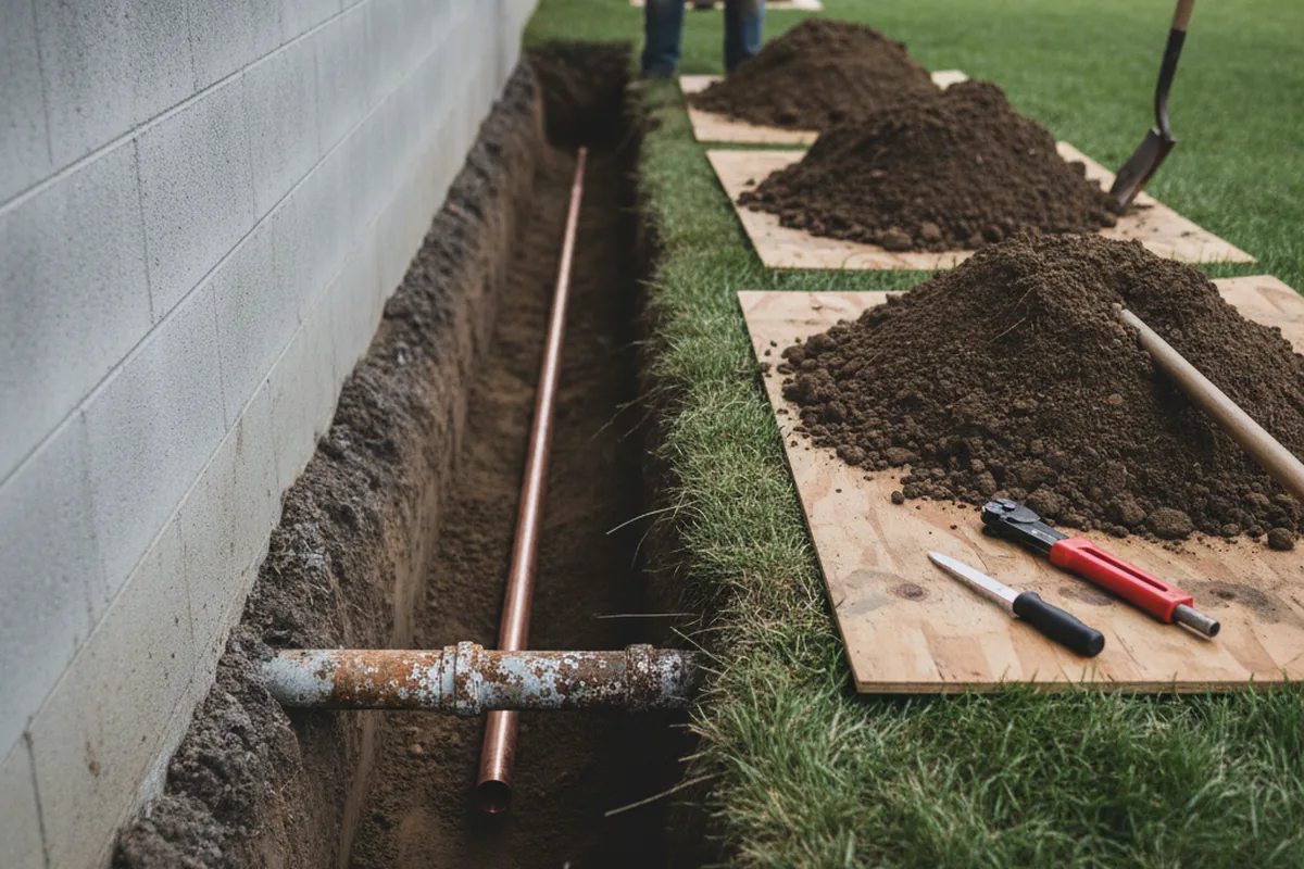 Excavated water line trench during Water Heater Repair in Polson